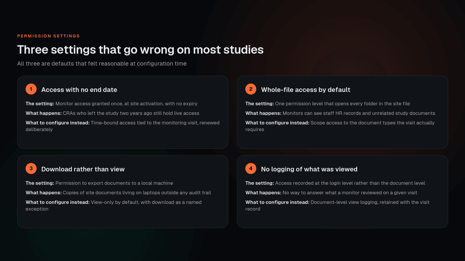 Three eISF permission settings that are commonly misconfigured, each with the symptom and the correct configuration